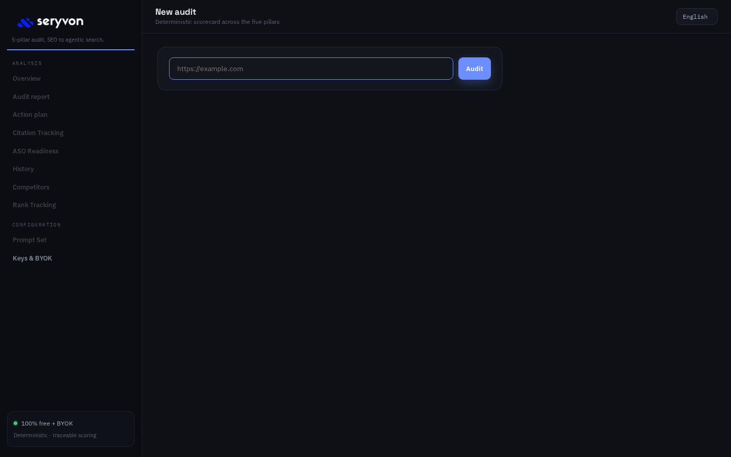 Seryvon Docker web dashboard in English showing the new audit form and five-pillar navigation